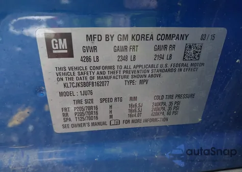 2015 Chevrolet Trax 1Ls из США, поврежденный, VIN KL7CJKSB0FB162077